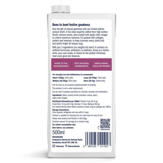 Dorwest Festive Venison Bone Broth for Dogs & Cats 500ML