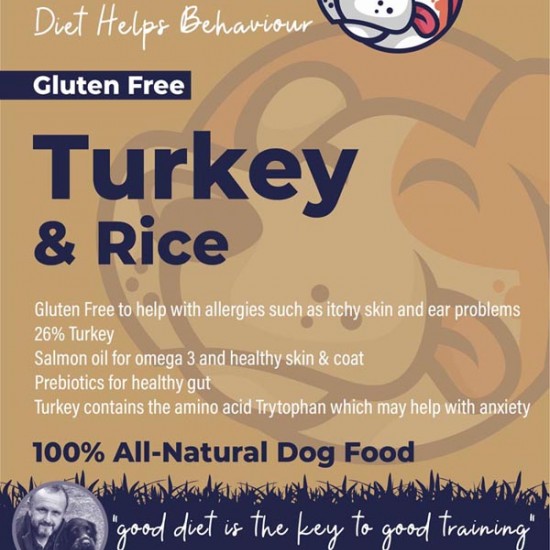 Turkey & Rice Dog Food - 26% Turkey - Calm Dog - Allergies - Salmon Oil