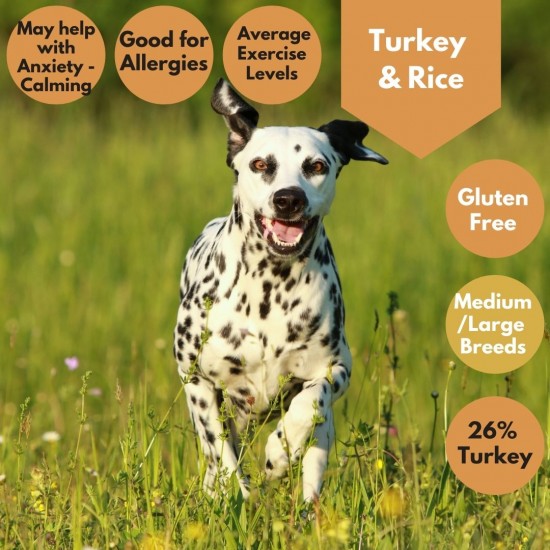 Turkey & Rice Dog Food - 26% Turkey - Calm Dog - Allergies - Salmon Oil